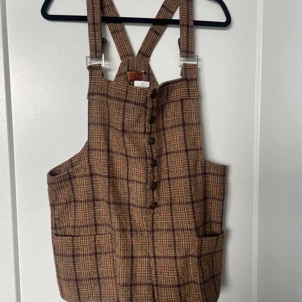 POL NWT Tan and Brown Plaid Overalls